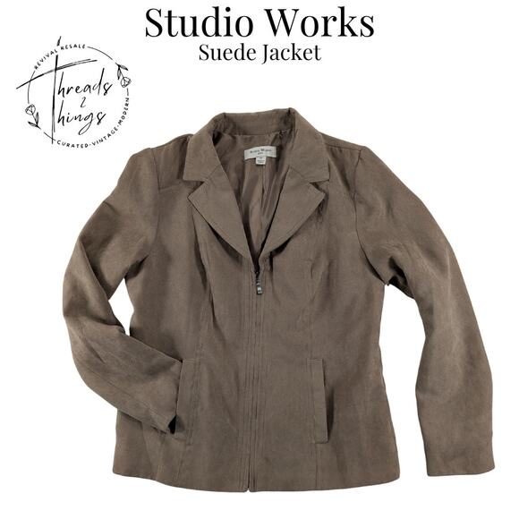 Studio Works Jacket Women's 4p Faux Suede Beige Riding Zip Lined Pockets Classic - Picture 1 of 12